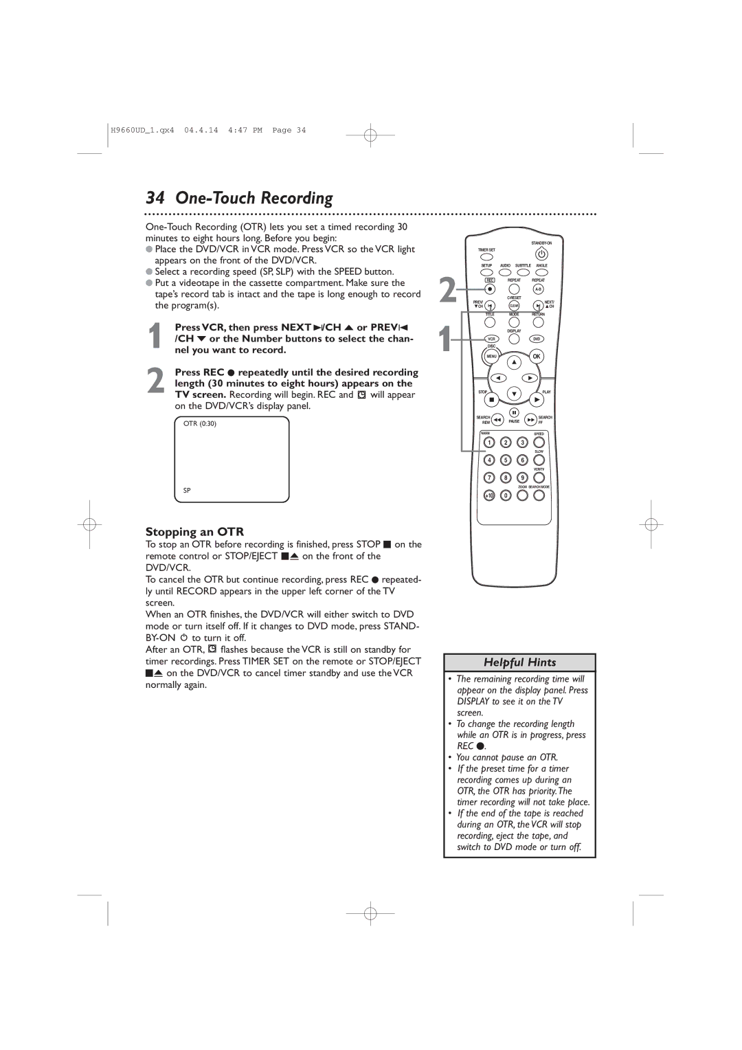 Magnavox MDV540VR/17 owner manual One-Touch Recording, Stopping an OTR 