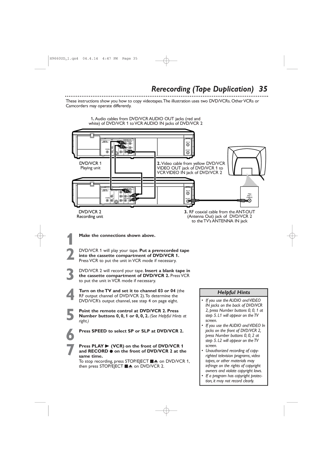 Magnavox MDV540VR/17 owner manual Rerecording Tape Duplication, Playing unit, Make the connections shown above 