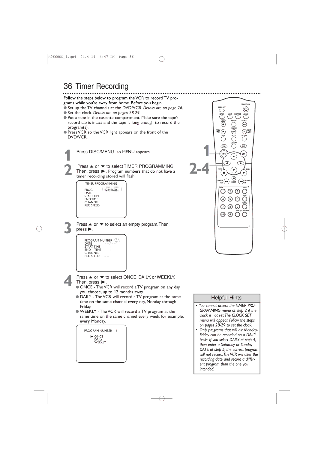 Magnavox MDV540VR/17 Timer Recording, Set the clock. Details are on pages, Press o or p to select an empty program.Then 