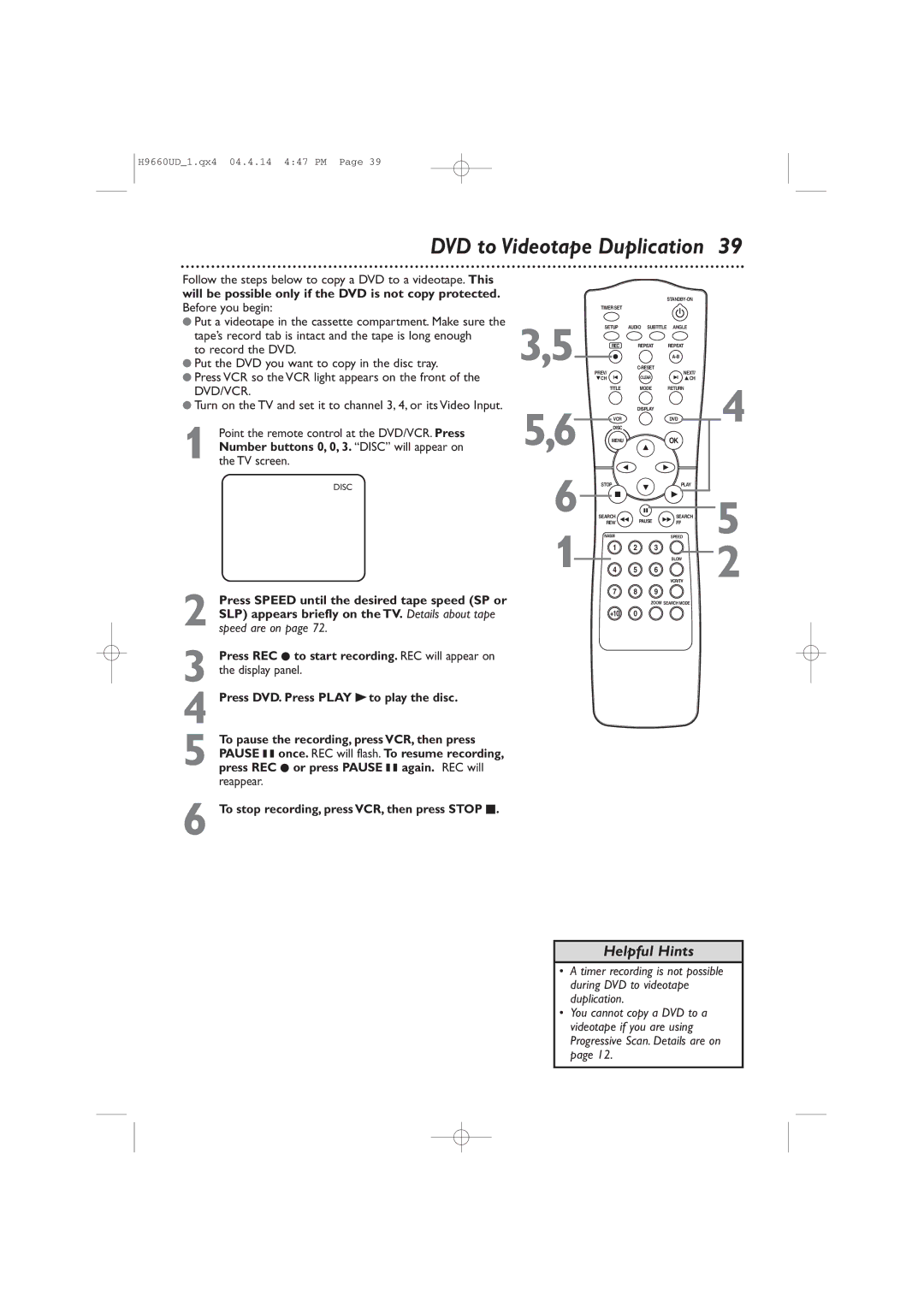 Magnavox MDV540VR/17 owner manual DVD to Videotape Duplication, Follow the steps below to copy a DVD to a videotape. This 