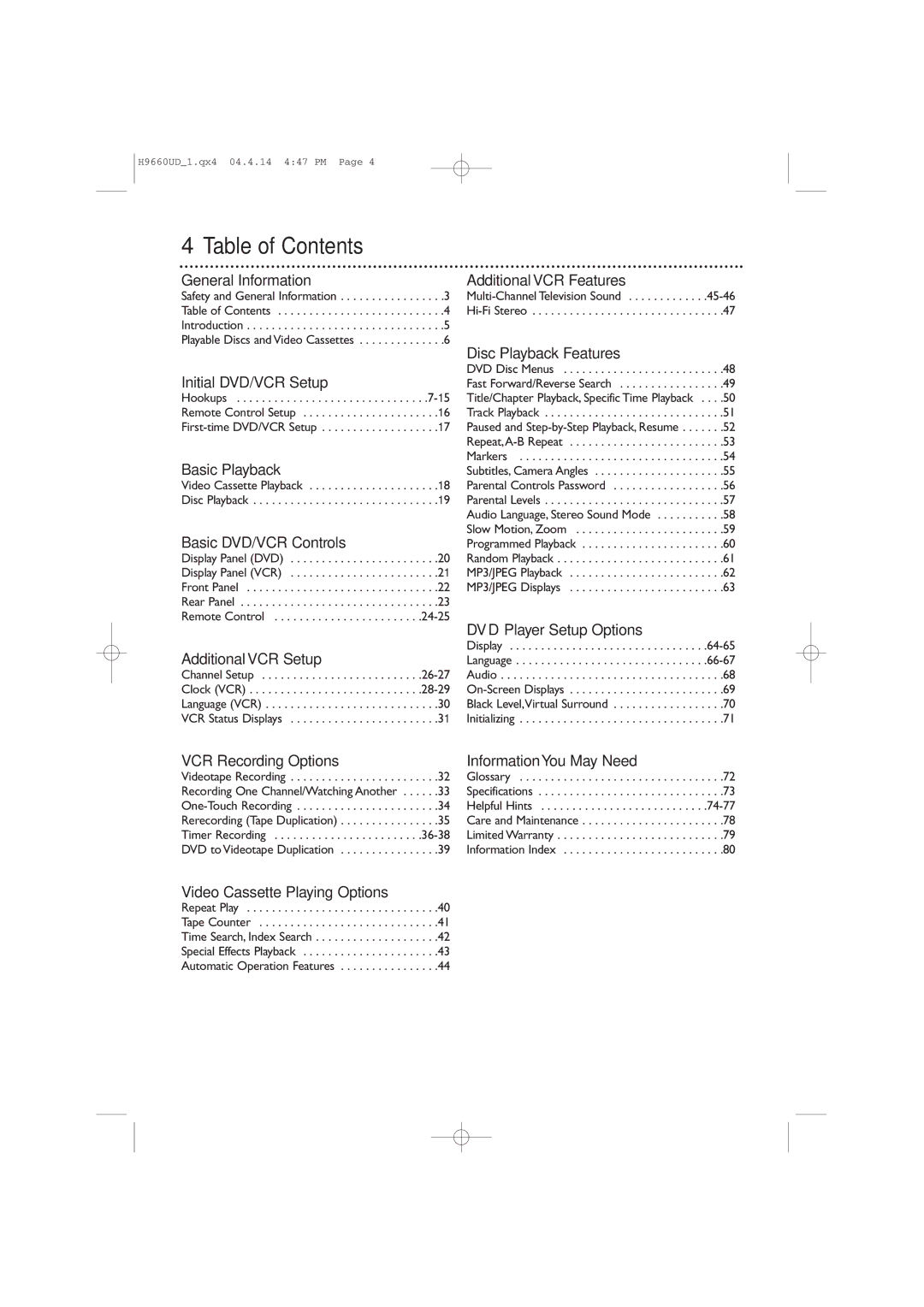 Magnavox MDV540VR/17 owner manual Table of Contents 