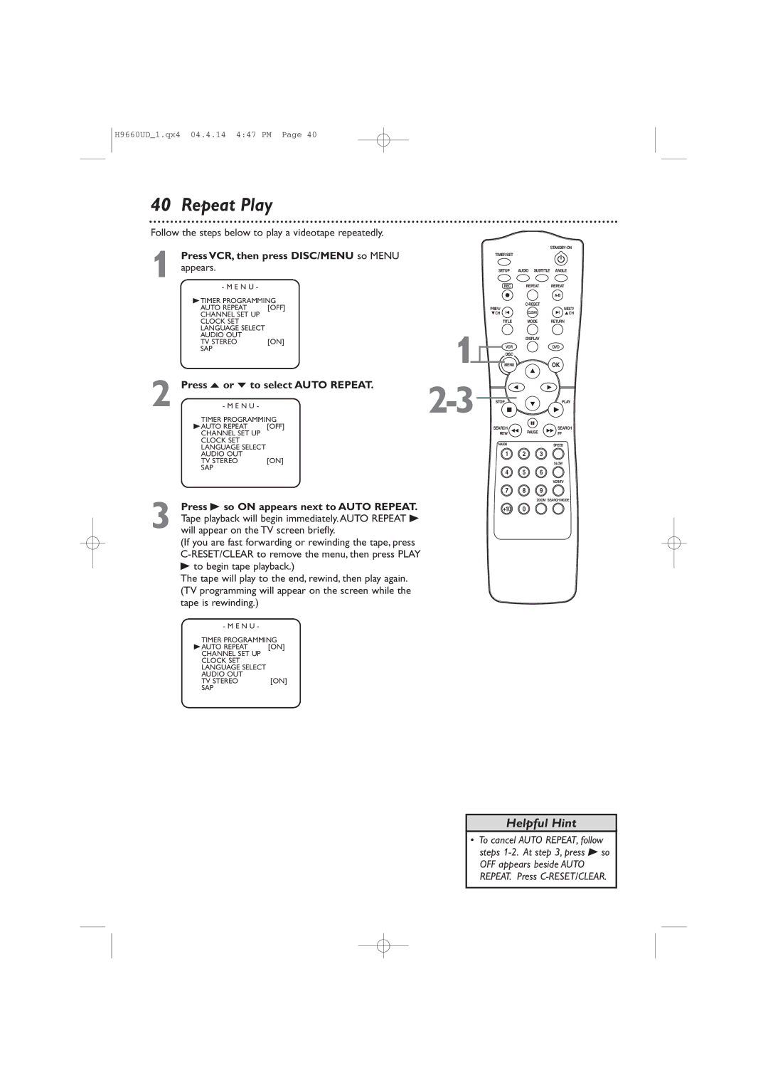 Magnavox MDV540VR/17 Repeat Play, Press o or p to select Auto Repeat, Press B so on appears next to Auto Repeat 