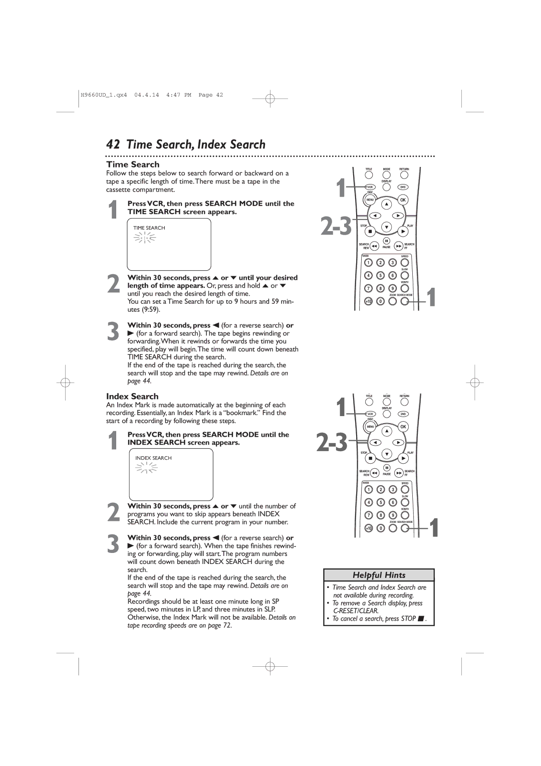 Magnavox MDV540VR/17 owner manual Time Search, Index Search 