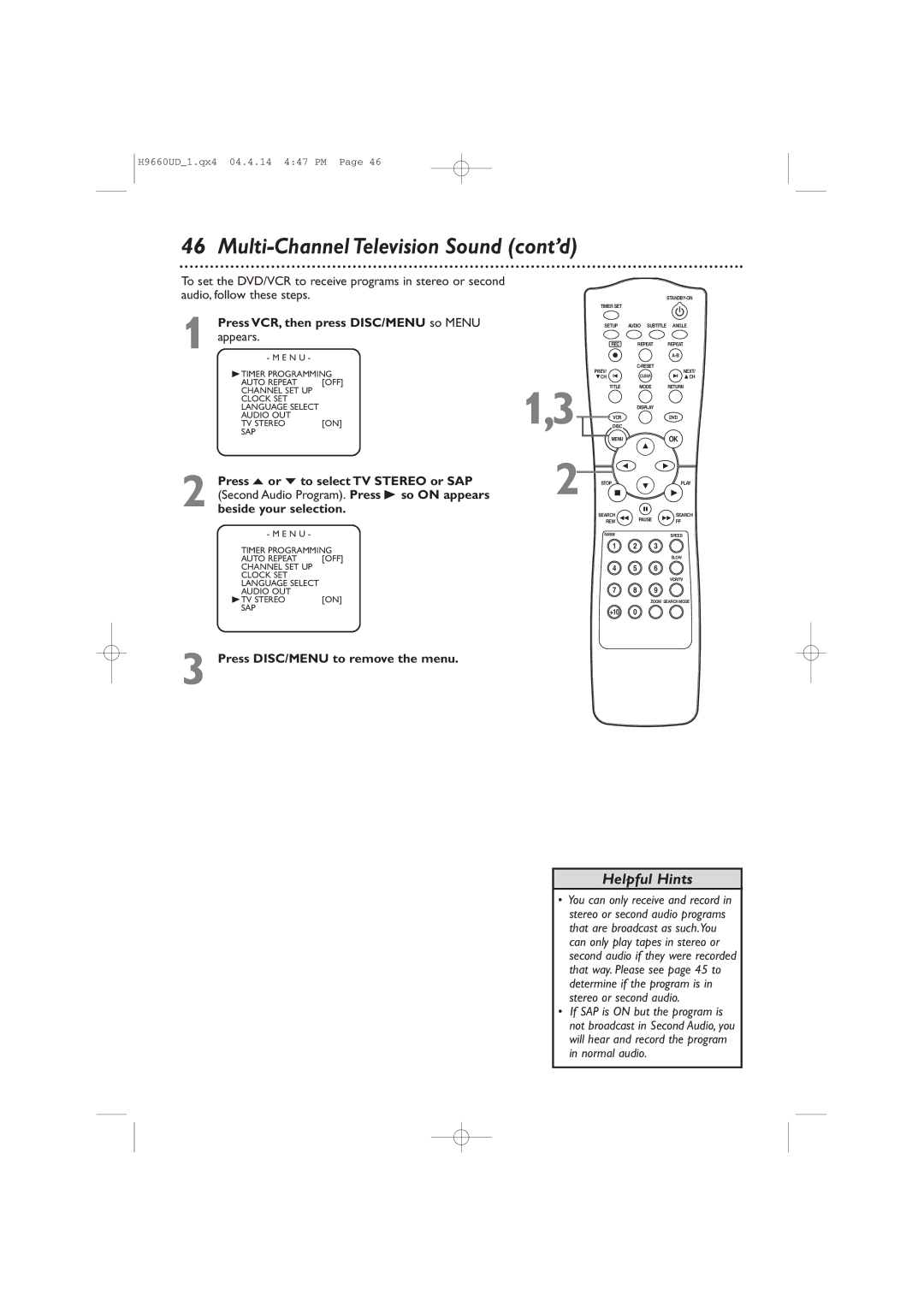 Magnavox MDV540VR/17 owner manual Press o or p to select TV Stereo or SAP, Second Audio Program. Press B so on appears 