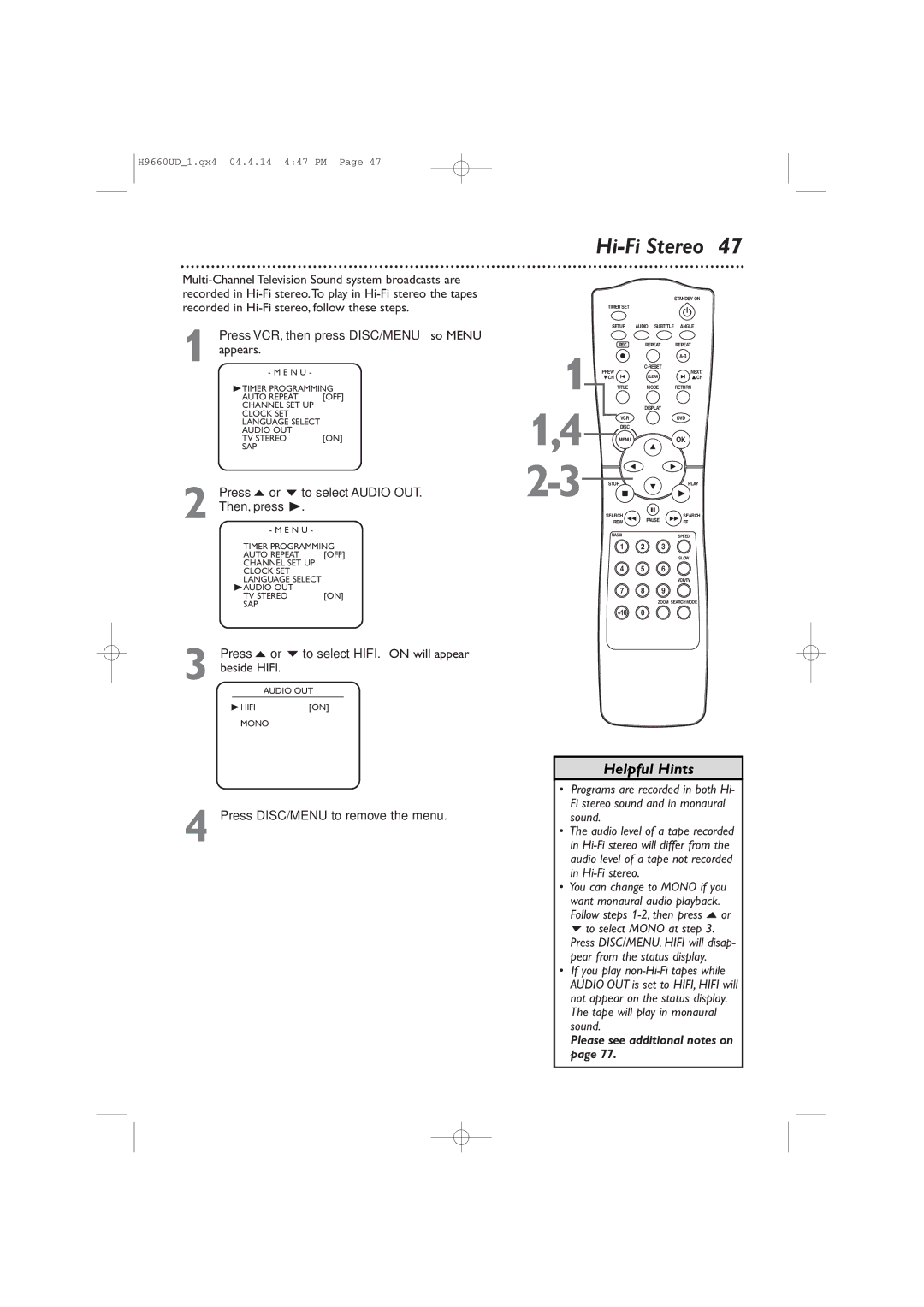 Magnavox MDV540VR/17 owner manual Hi-Fi Stereo, Press o or p to select Audio OUT. Then, press B, Beside Hifi 