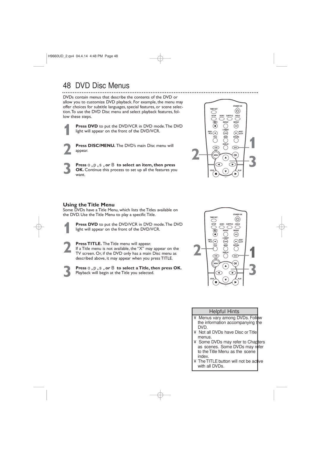 Magnavox MDV540VR/17 owner manual DVD Disc Menus, Using the Title Menu 