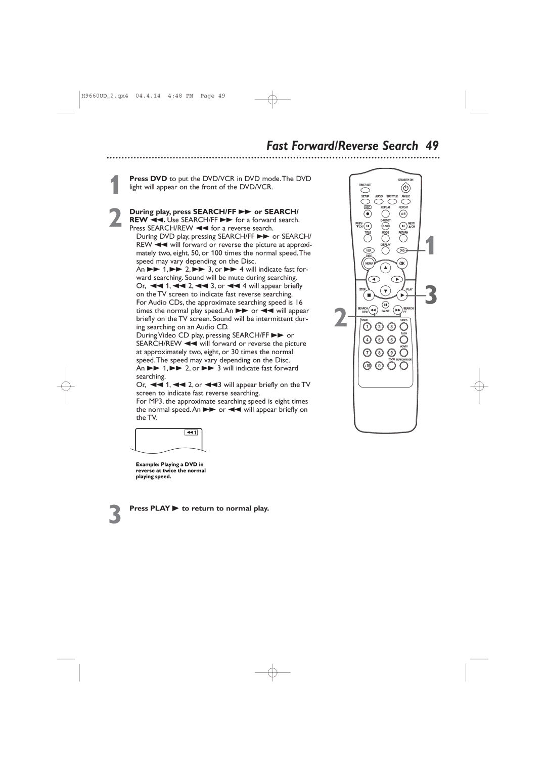 Magnavox MDV540VR/17 owner manual Fast Forward/Reverse Search 