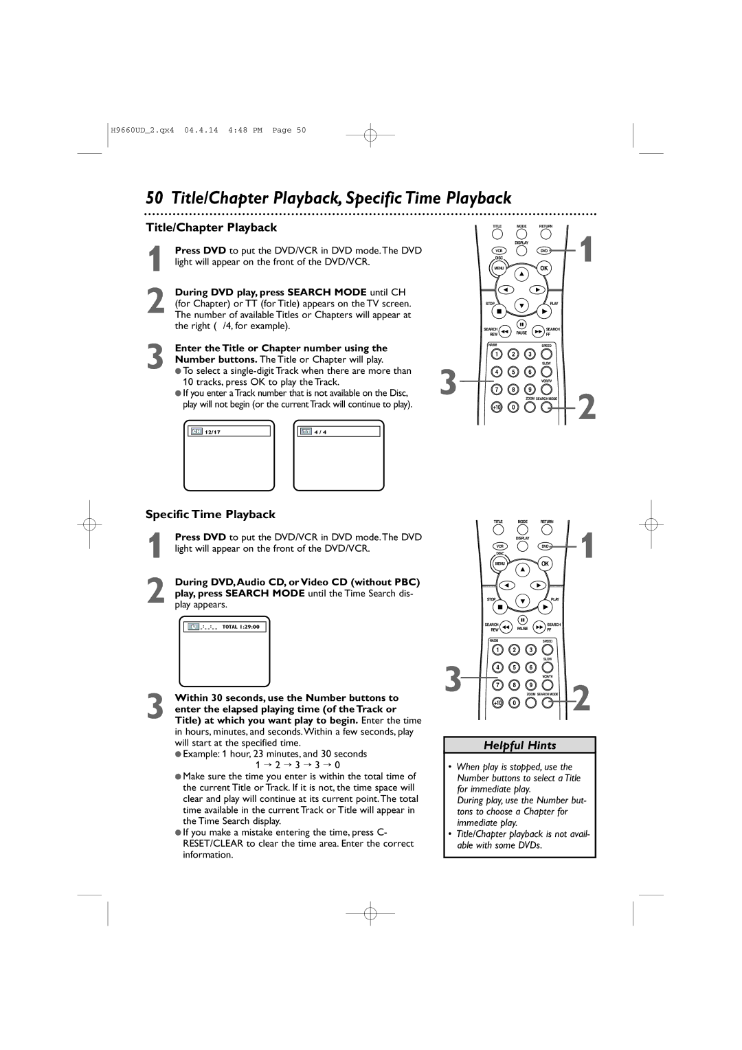 Magnavox MDV540VR/17 owner manual Title/Chapter Playback, Specific Time Playback, Enter the Title or Chapter number using 