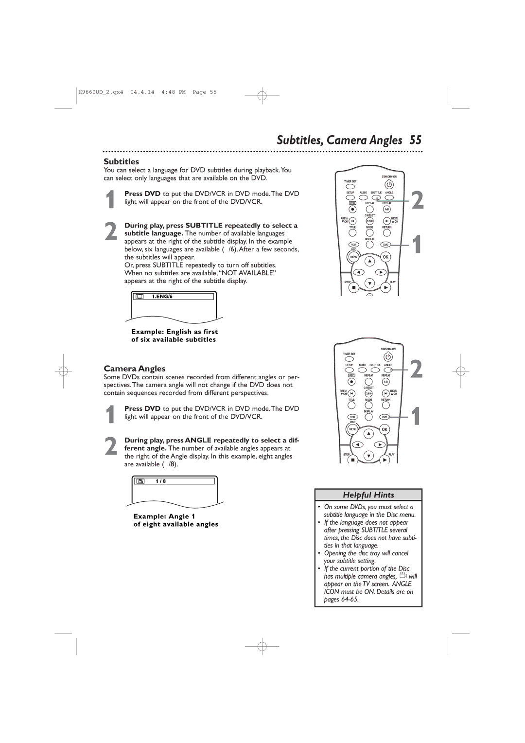 Magnavox MDV540VR/17 owner manual Subtitles, Camera Angles, Opening the disc tray will cancel your subtitle setting 