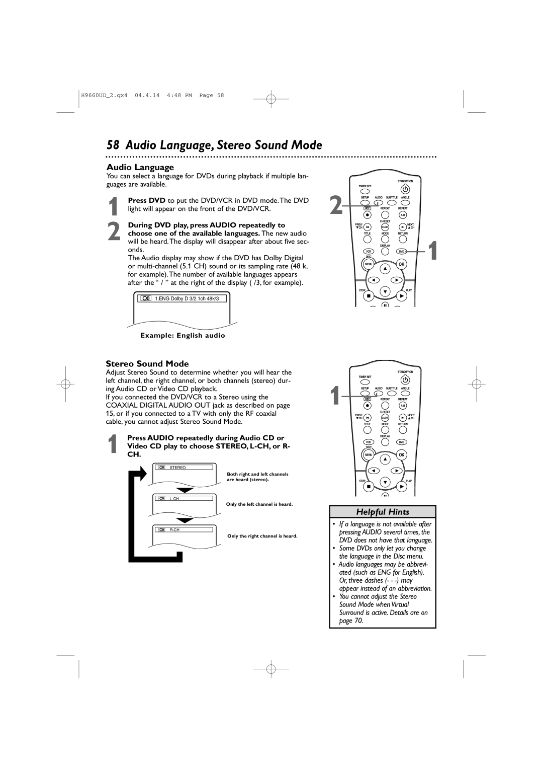 Magnavox MDV540VR/17 owner manual Audio Language, Stereo Sound Mode, Example English audio 