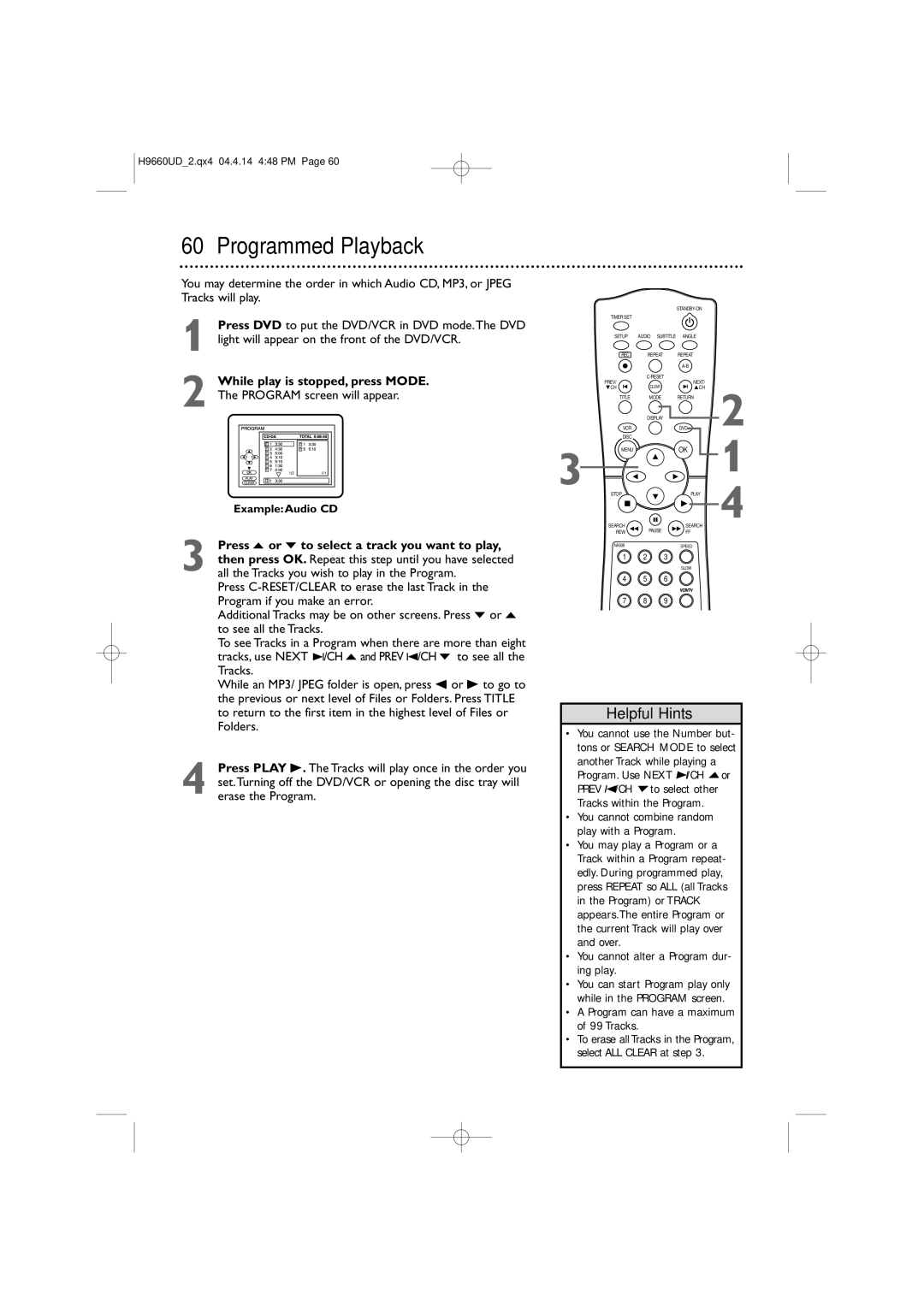 Magnavox MDV540VR/17 owner manual Programmed Playback, You cannot alter a Program dur- ing play 