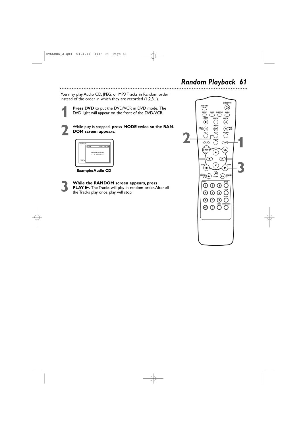 Magnavox MDV540VR/17 owner manual Random Playback, While play is stopped, press Mode twice so the RAN, DOM screen appears 