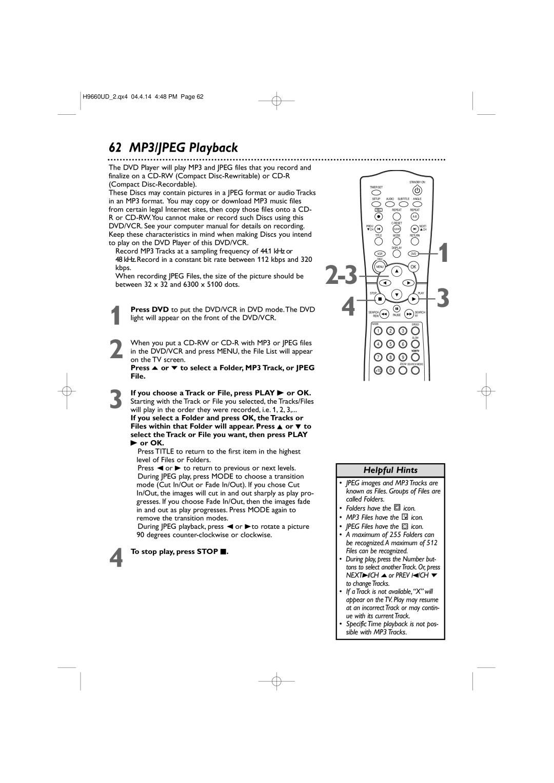 Magnavox MDV540VR/17 owner manual 62 MP3/JPEG Playback, Press o or p to select a Folder, MP3 Track, or Jpeg File, Or OK 