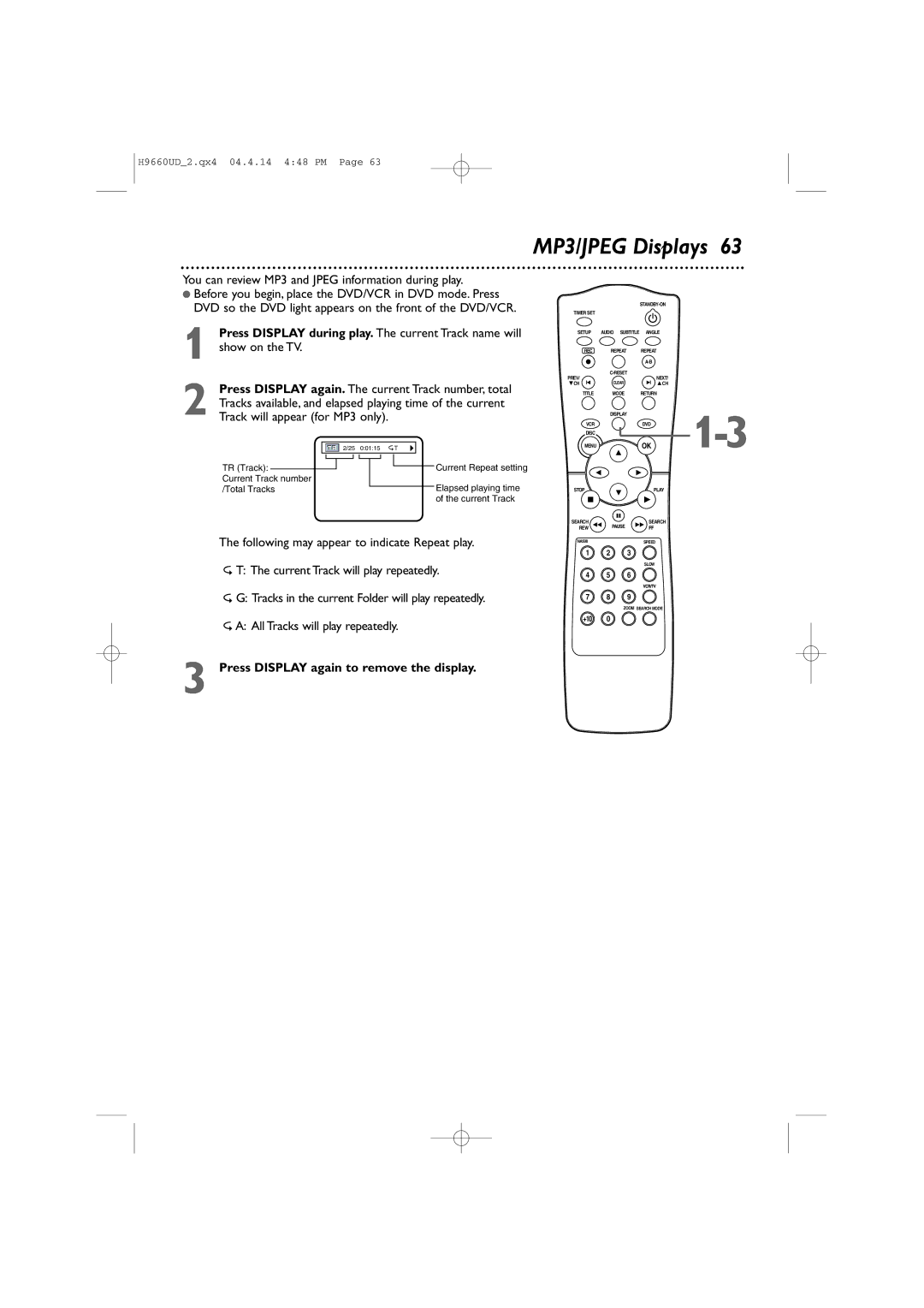 Magnavox MDV540VR/17 owner manual MP3/JPEG Displays, You can review MP3 and Jpeg information during play 