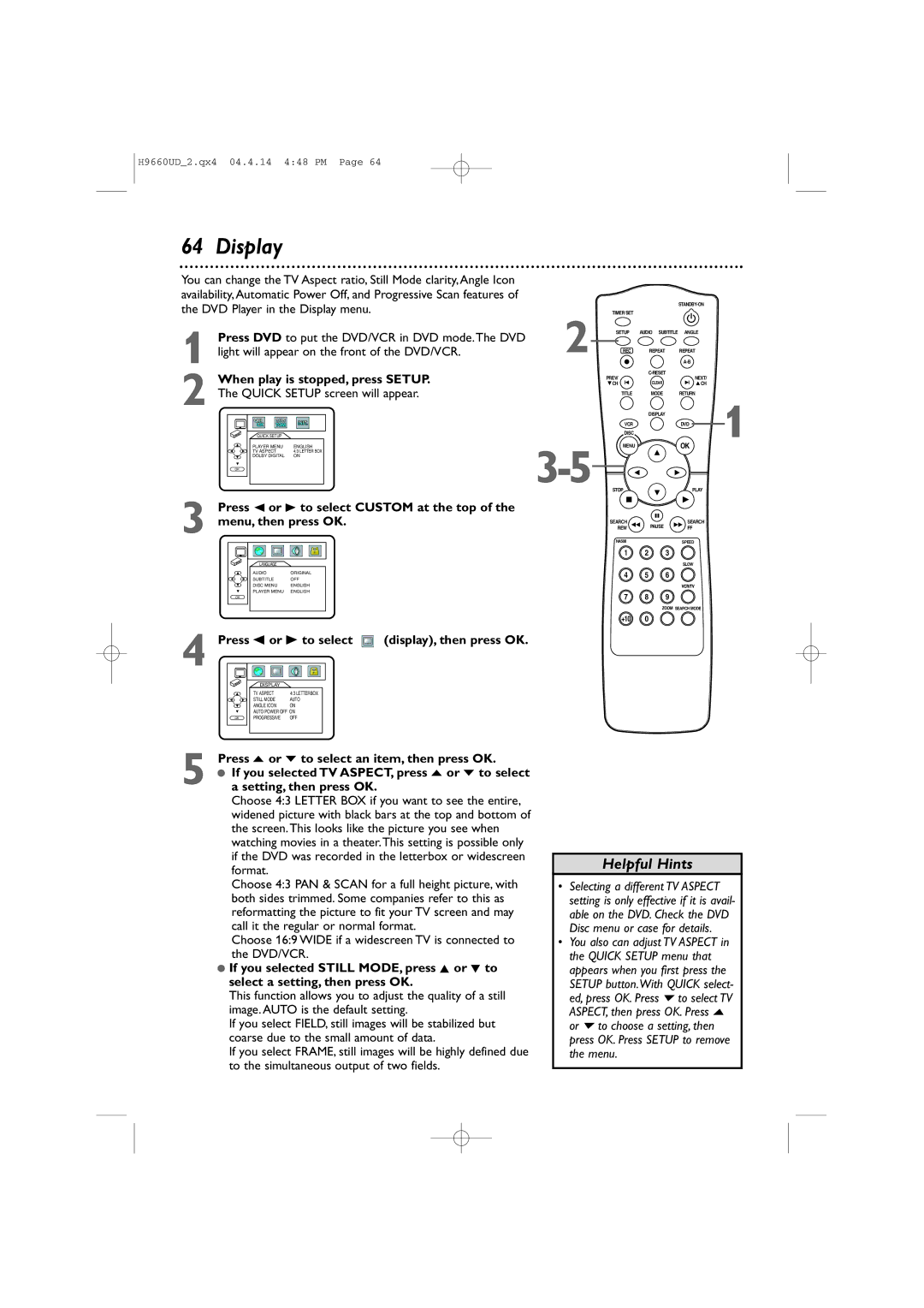 Magnavox MDV540VR/17 Display, Or B to select display, then press OK, Press o or p to select an item, then press OK 