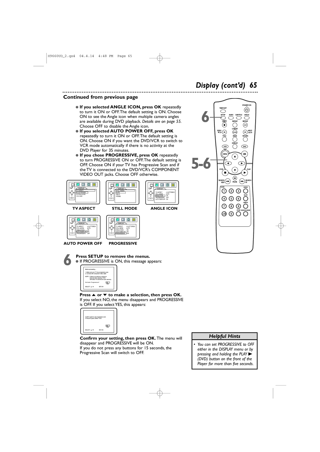 Magnavox MDV540VR/17 owner manual Display cont’d, From previous, Press Setup to remove the menus 