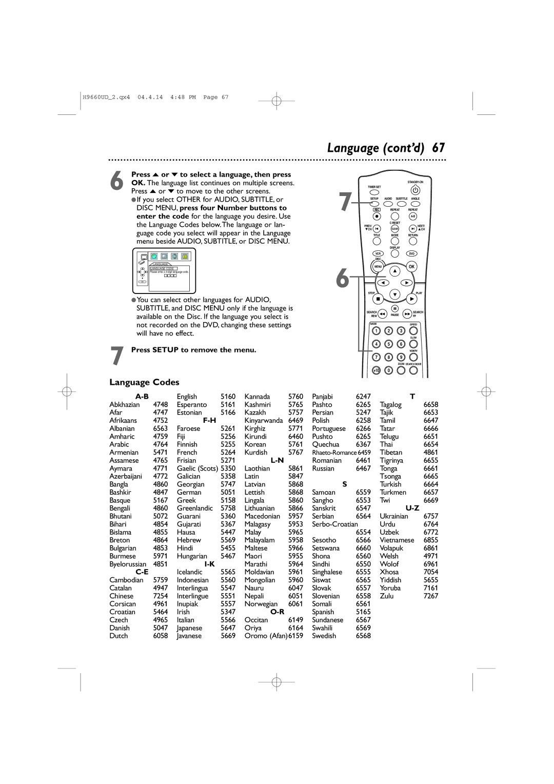 Magnavox MDV540VR/17 owner manual Language cont’d, Language Codes 