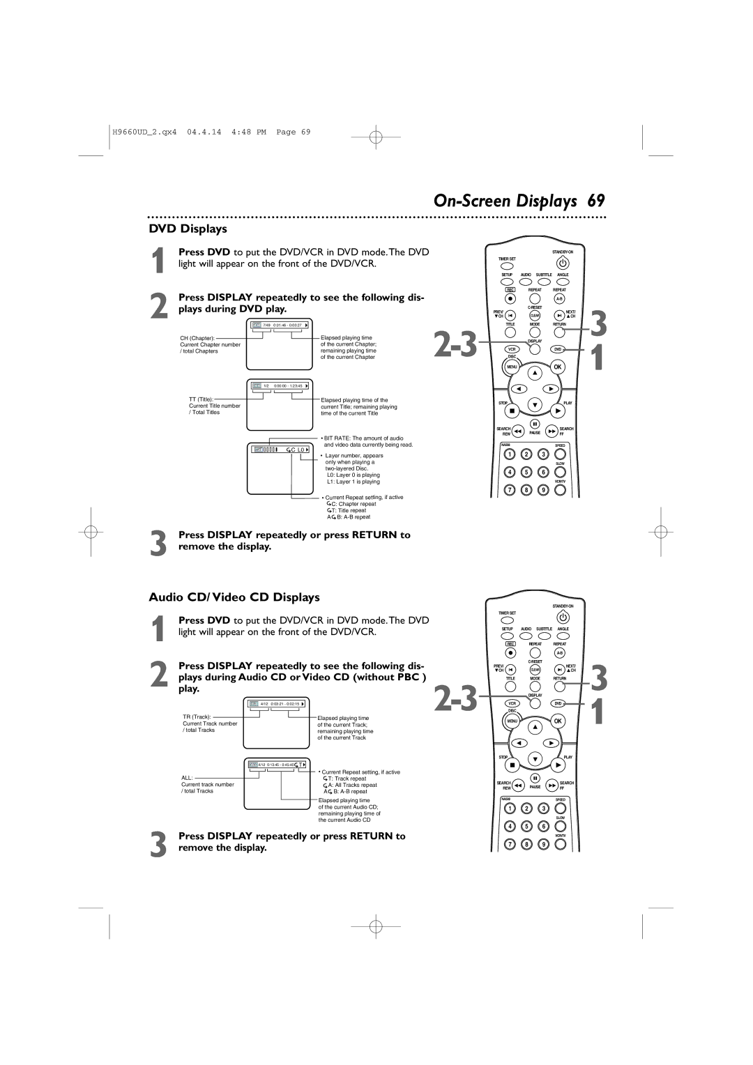 Magnavox MDV540VR/17 owner manual On-Screen Displays, DVD Displays, Audio CD/ Video CD Displays 