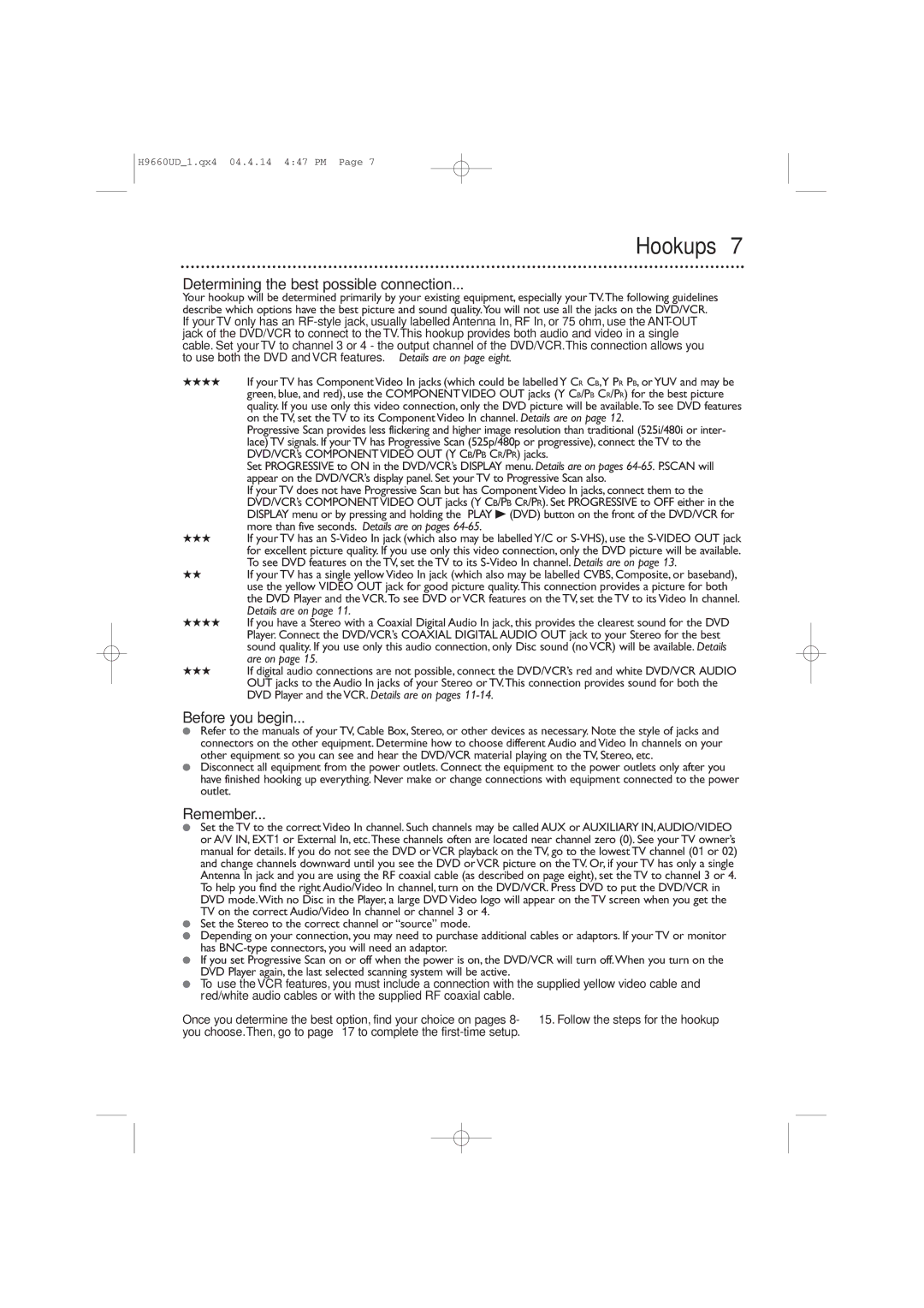 Magnavox MDV540VR/17 owner manual Hookups, Determining the best possible connection, Before you begin, Remember 