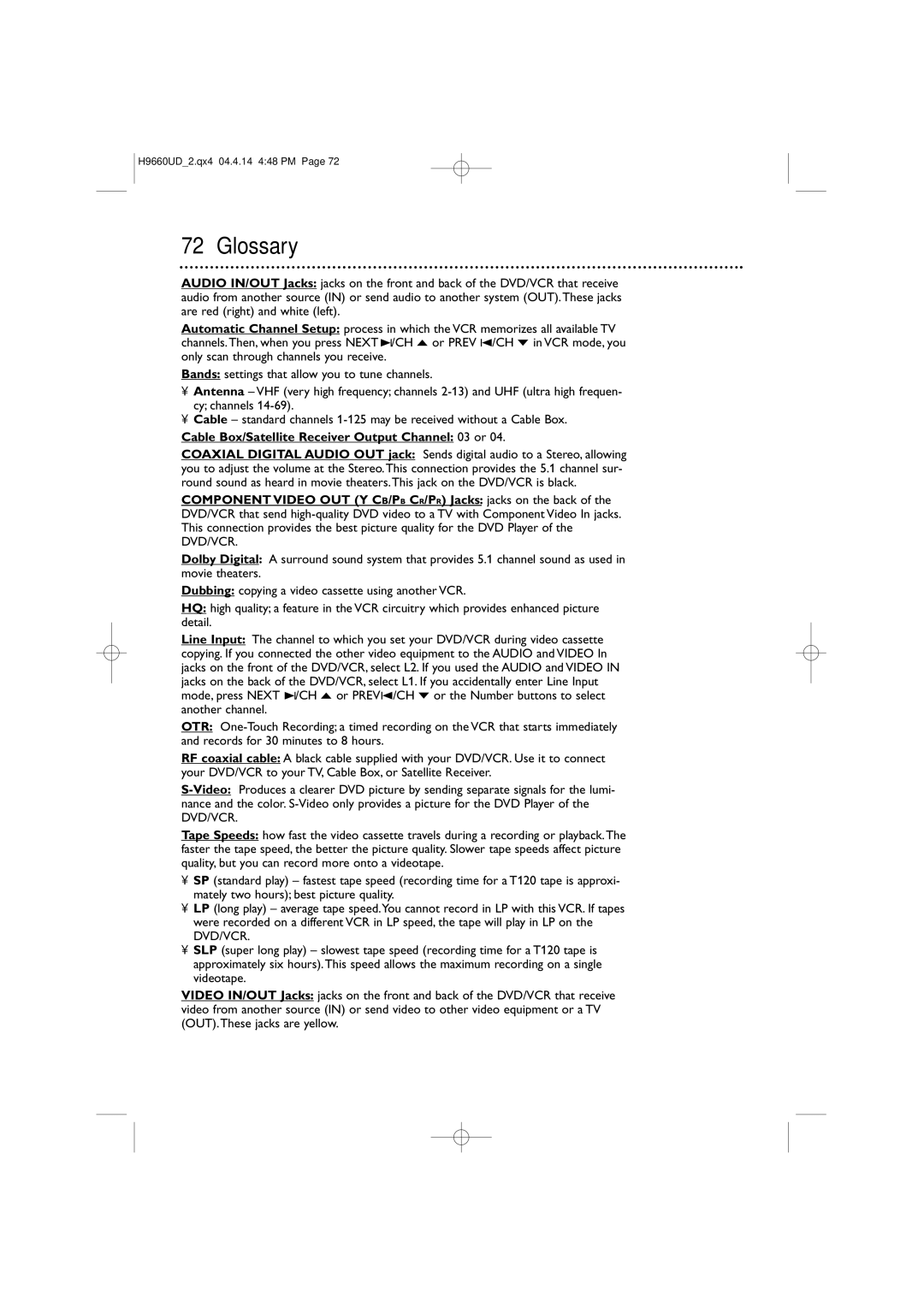 Magnavox MDV540VR/17 owner manual Glossary, Cable Box/Satellite Receiver Output Channel 03 or 