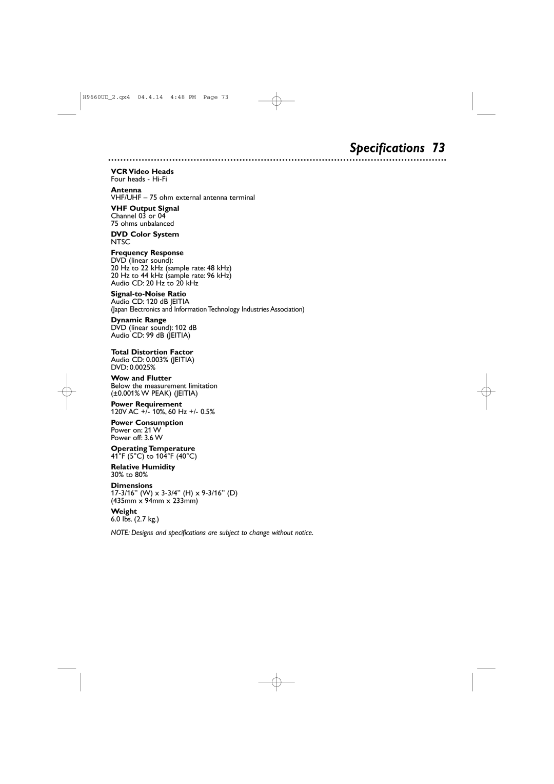 Magnavox MDV540VR/17 owner manual Specifications 