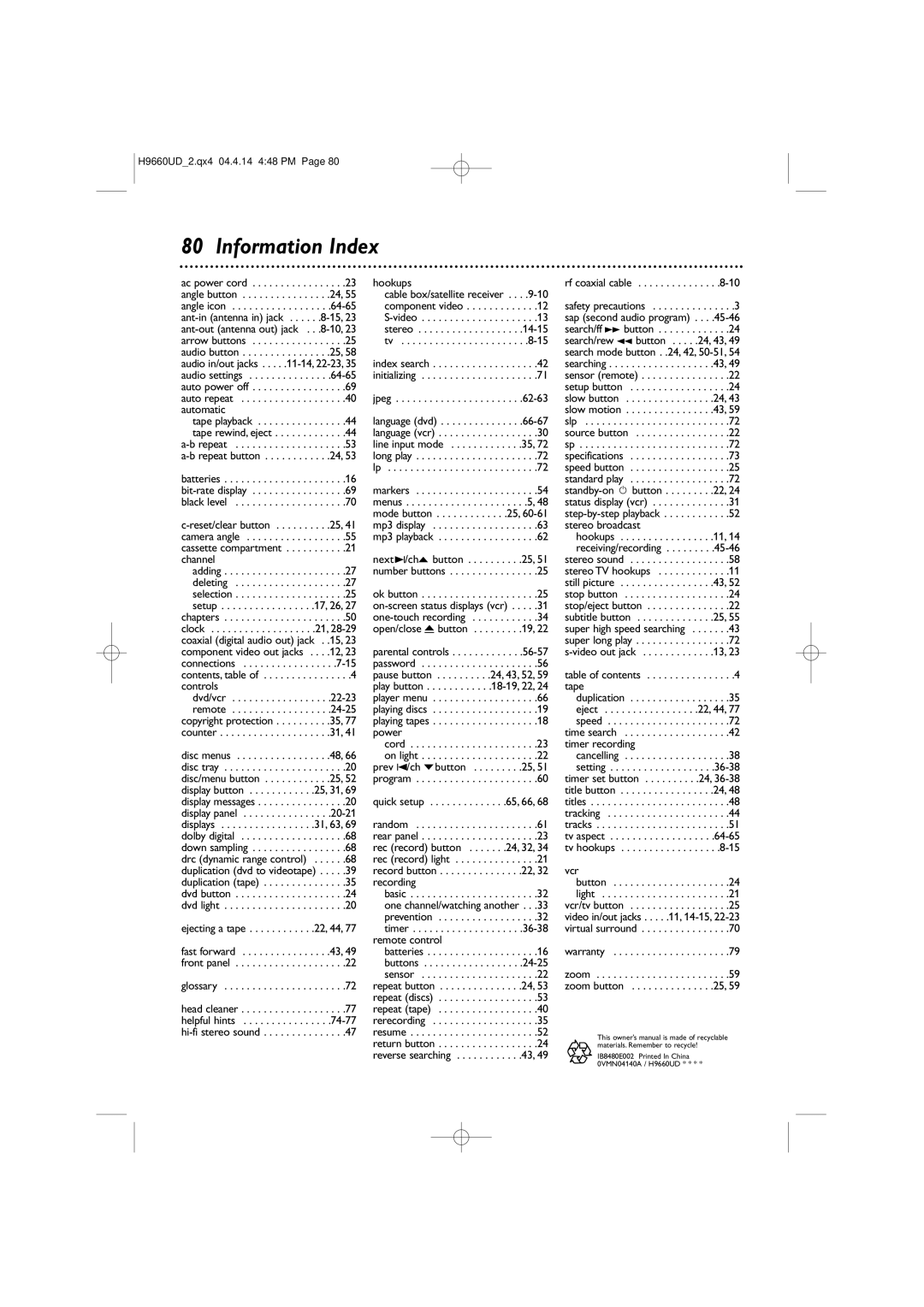 Magnavox MDV540VR/17 owner manual Information Index, Controls 