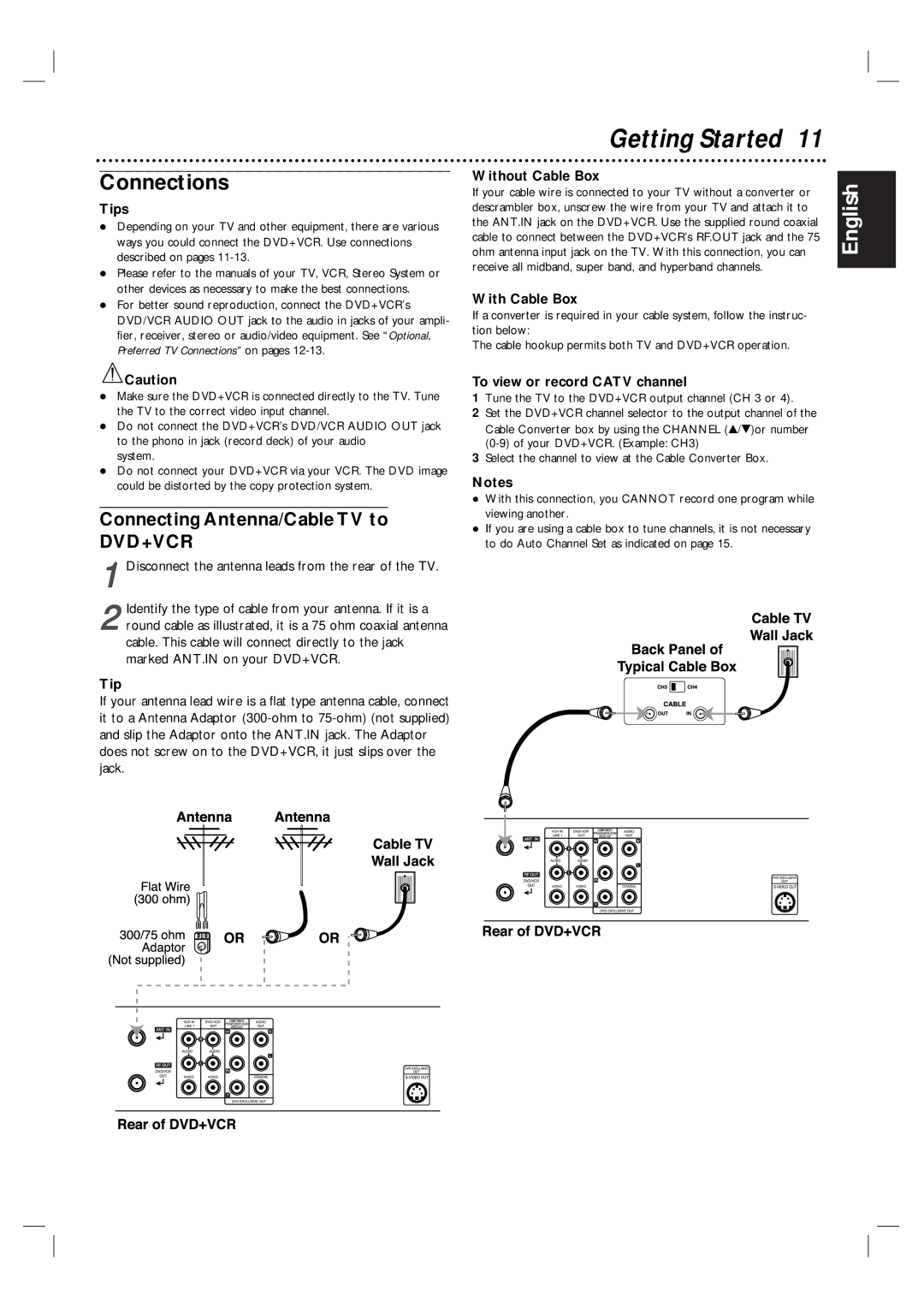 Magnavox MDV560VR warranty Getting Started, Connections, Connecting Antenna/Cable TV to 