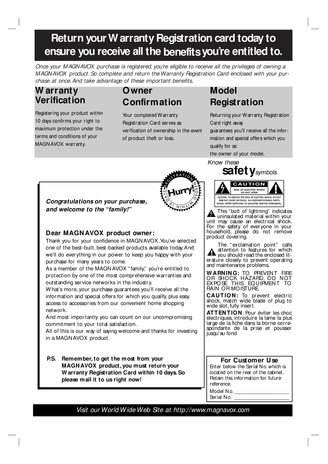 Magnavox MDV560VR warranty Dear Magnavox product owner, For Customer Use 