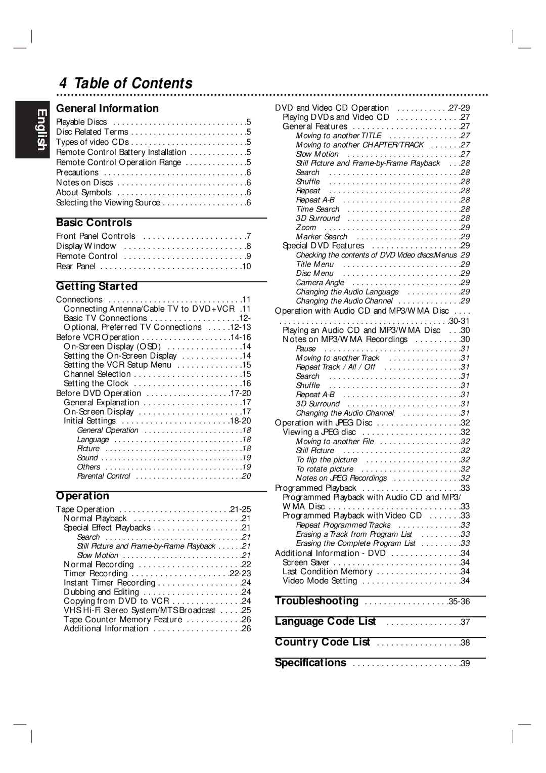 Magnavox MDV560VR warranty Table of Contents 