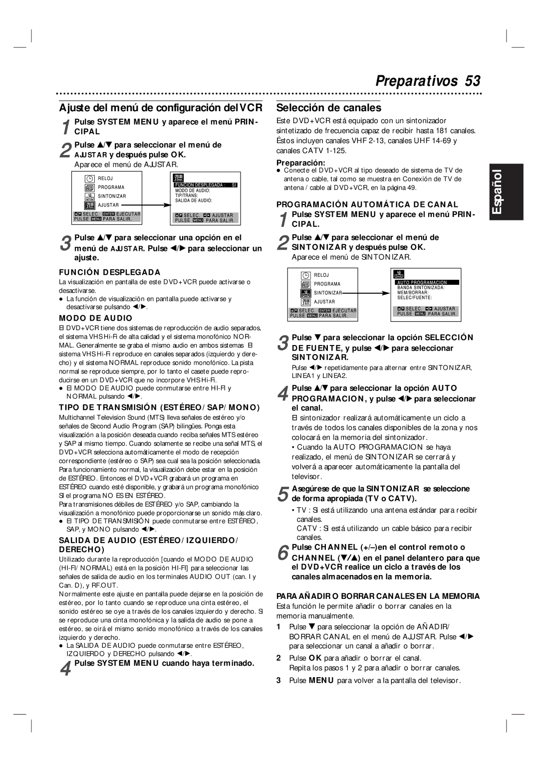 Magnavox MDV560VR warranty Ajuste del menú de configuración delVCR, Selección de canales 