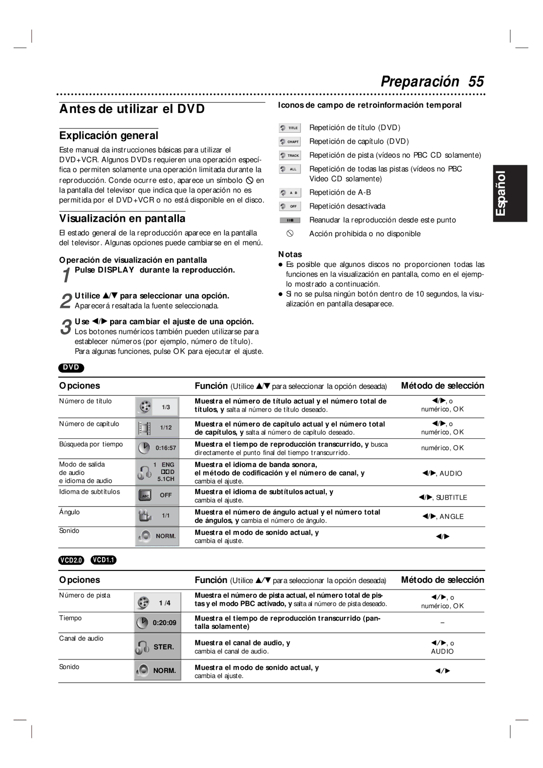 Magnavox MDV560VR Antes de utilizar el DVD, Explicación general, Opciones, Iconos de campo de retroinformación temporal 