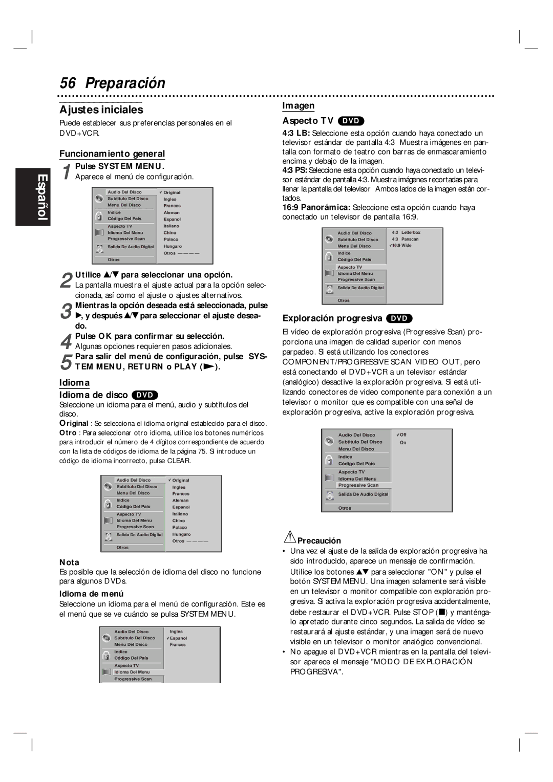 Magnavox MDV560VR warranty Ajustes iniciales, Funcionamiento general, Idioma Idioma de disco DVD, Imagen Aspecto TV DVD 