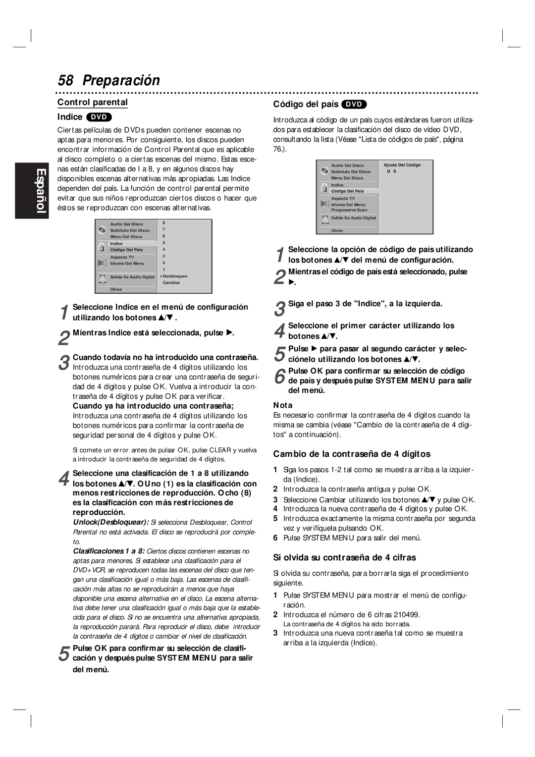 Magnavox MDV560VR warranty Control parental Indice DVD, Código del país DVD, Cambio de la contraseña de 4 dígitos 