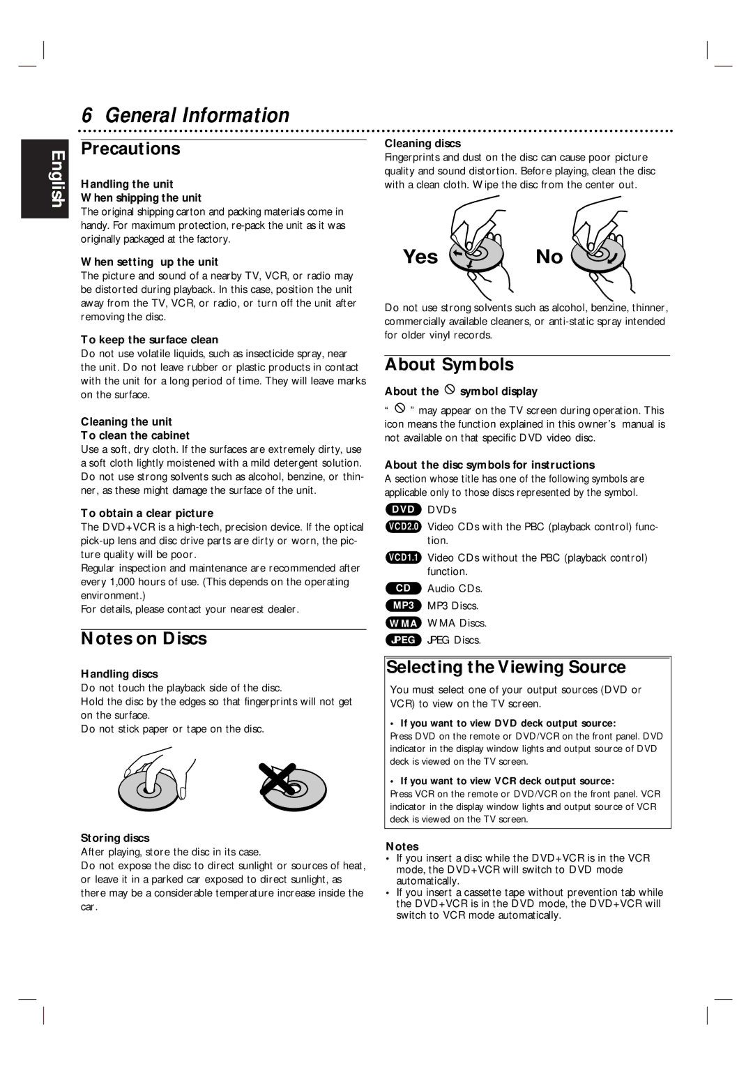 Magnavox MDV560VR warranty Precautions, About Symbols, Selecting the Viewing Source 