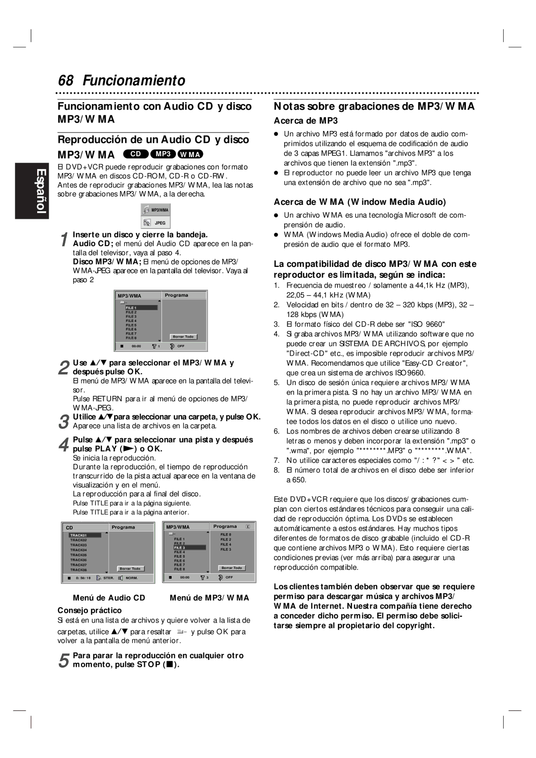 Magnavox MDV560VR warranty Notas sobre grabaciones de MP3/ WMA, Acerca de MP3, Acerca de WMA Window Media Audio 