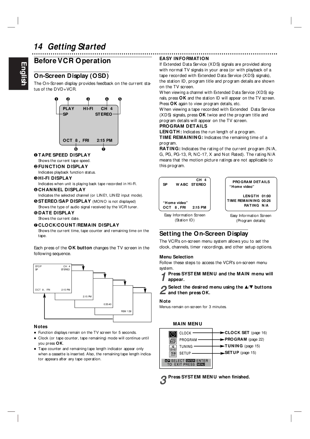 Magnavox MDV560VR/17 warranty Before VCR Operation, On-Screen Display OSD, Setting the On-Screen Display 