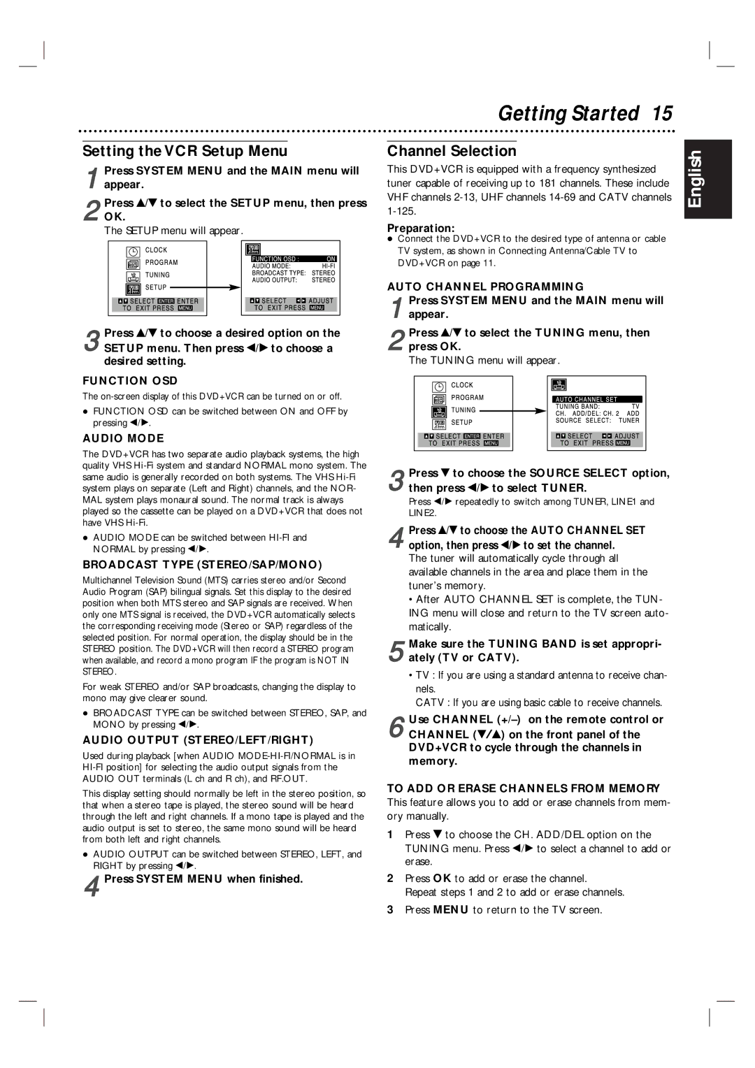 Magnavox MDV560VR/17 warranty Setting the VCR Setup Menu, Channel Selection 