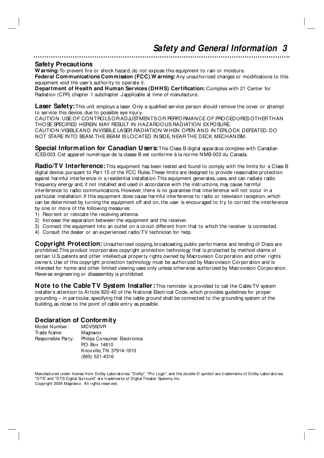Magnavox MDV560VR/17 warranty Safety and General Information, Safety Precautions, Declaration of Conformity 