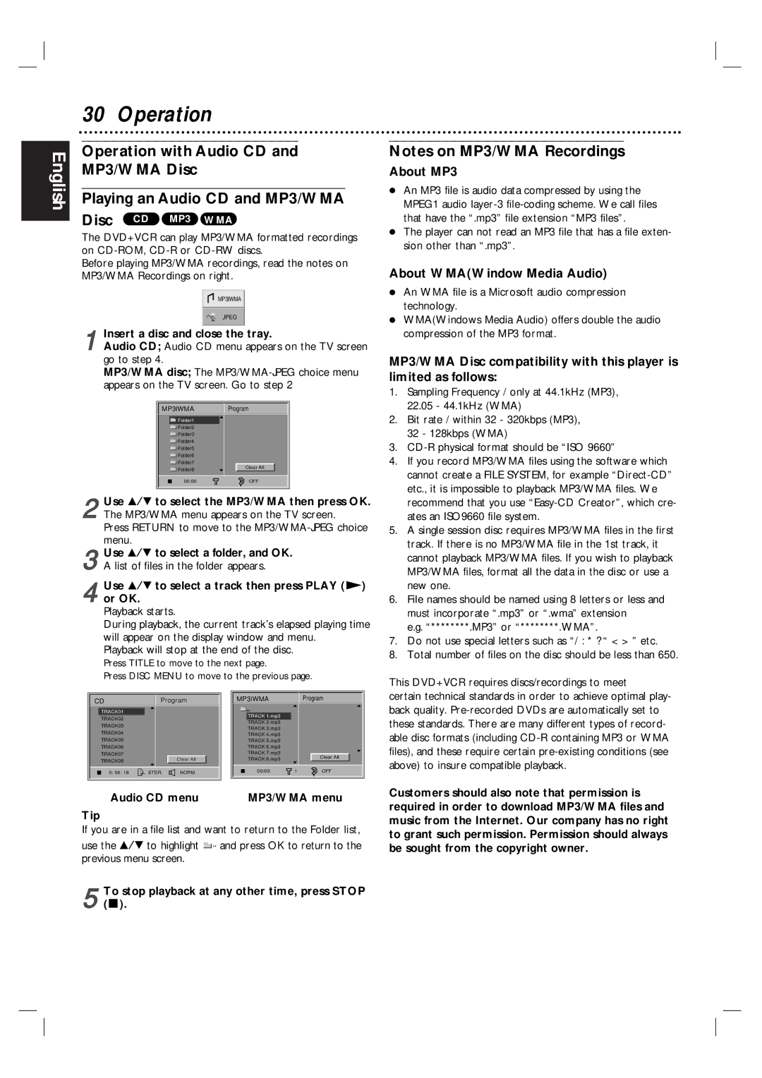 Magnavox MDV560VR/17 warranty About MP3, About WMAWindow Media Audio, Insert a disc and close the tray 