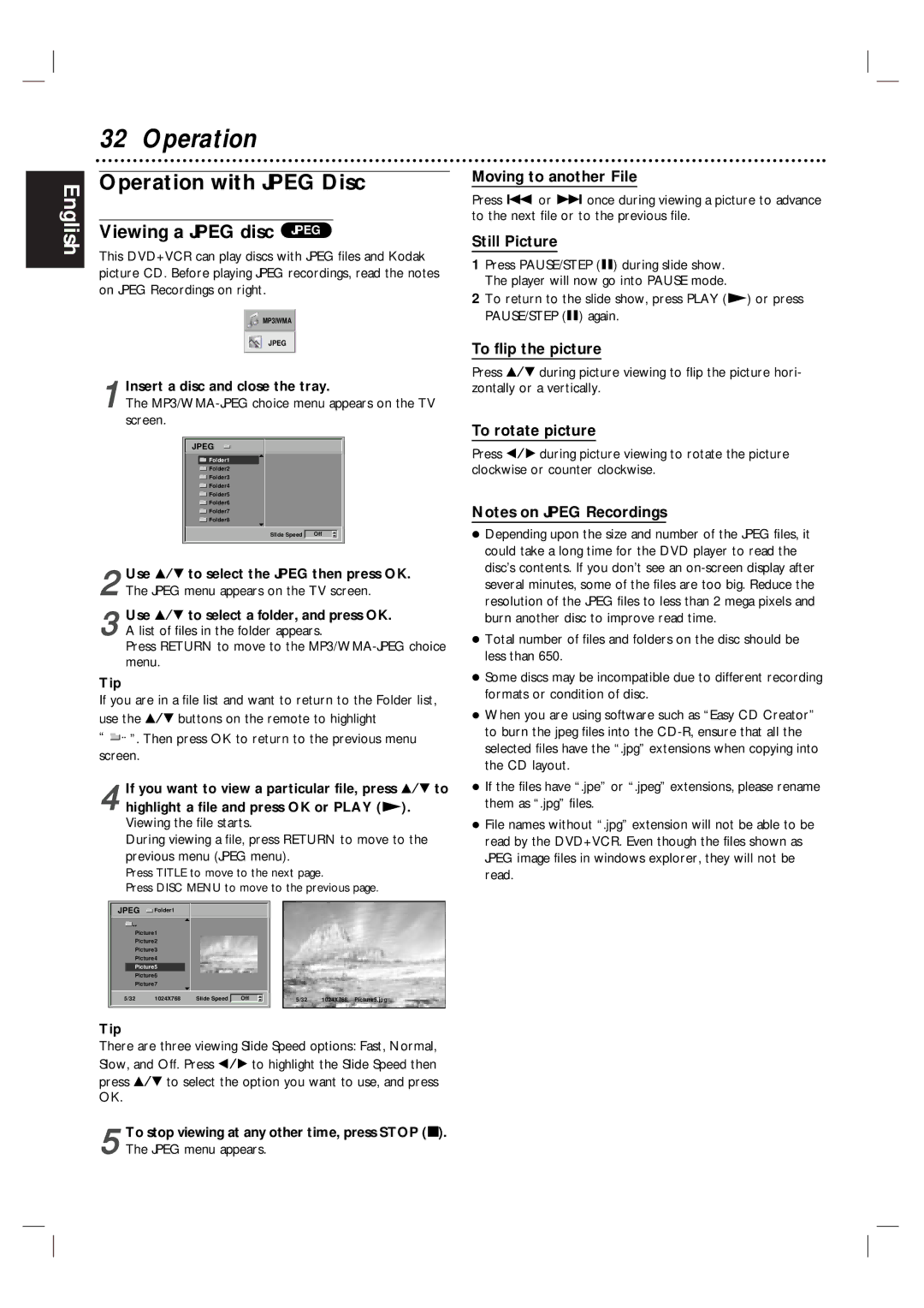 Magnavox MDV560VR/17 warranty Operation with Jpeg Disc, Viewing a Jpeg disc Jpeg 