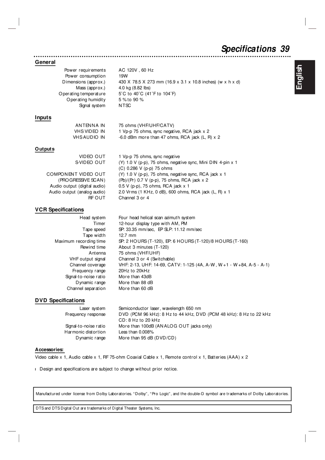 Magnavox MDV560VR/17 warranty General, Inputs, DVD Specifications 