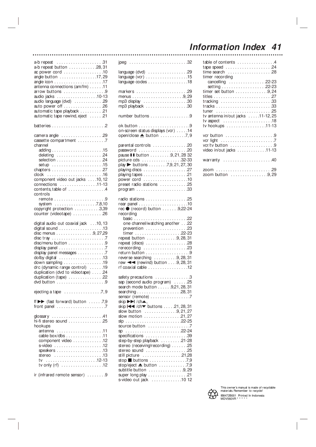 Magnavox MDV560VR/17 warranty Information Index 