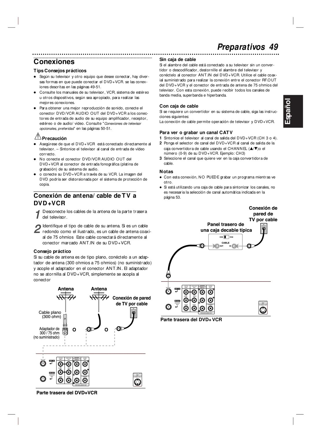 Magnavox MDV560VR/17 warranty Preparativos, Conexiones, Conexión de antena/ cable de TV a 