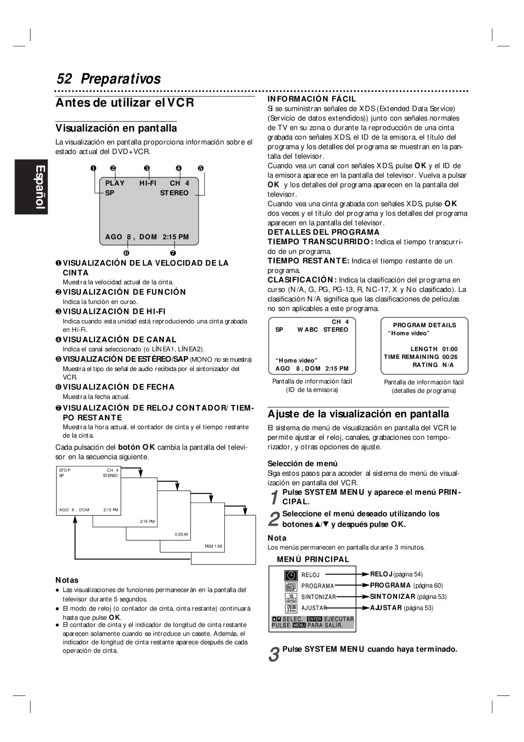 Magnavox MDV560VR/17 warranty Antes de utilizar el VCR, Visualización en pantalla, Ajuste de la visualización en pantalla 