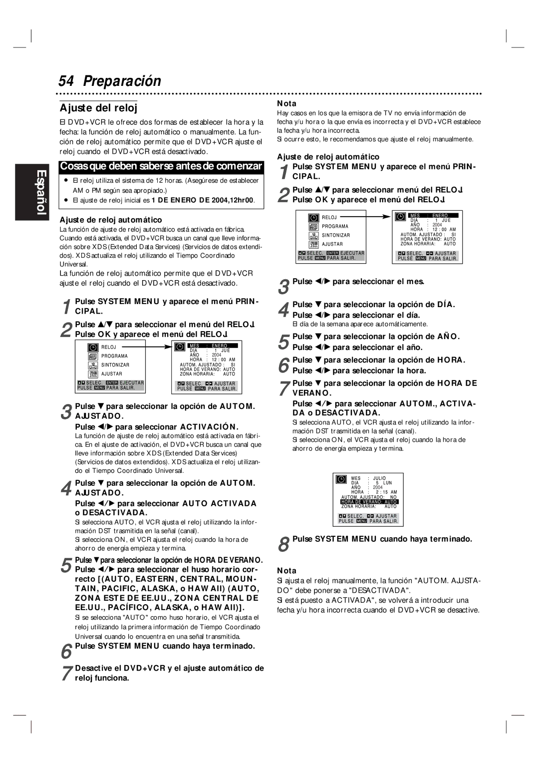 Magnavox MDV560VR/17 warranty Preparación, Ajuste del reloj 