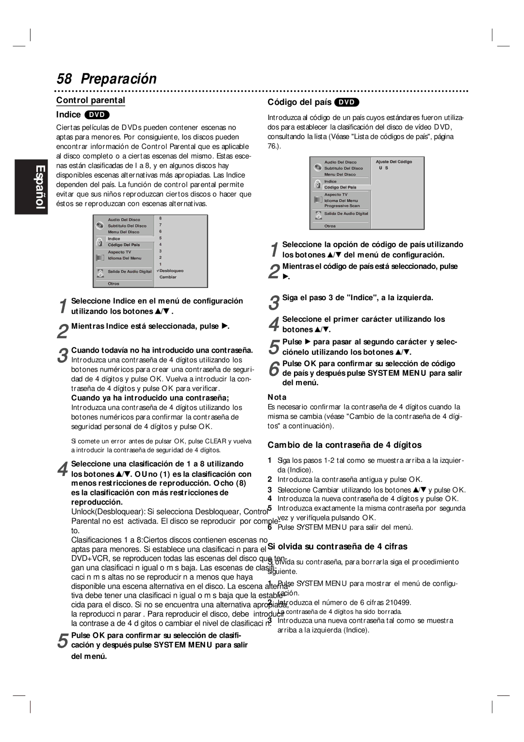 Magnavox MDV560VR/17 warranty Control parental Indice DVD, Código del país DVD, Cambio de la contraseña de 4 dígitos 