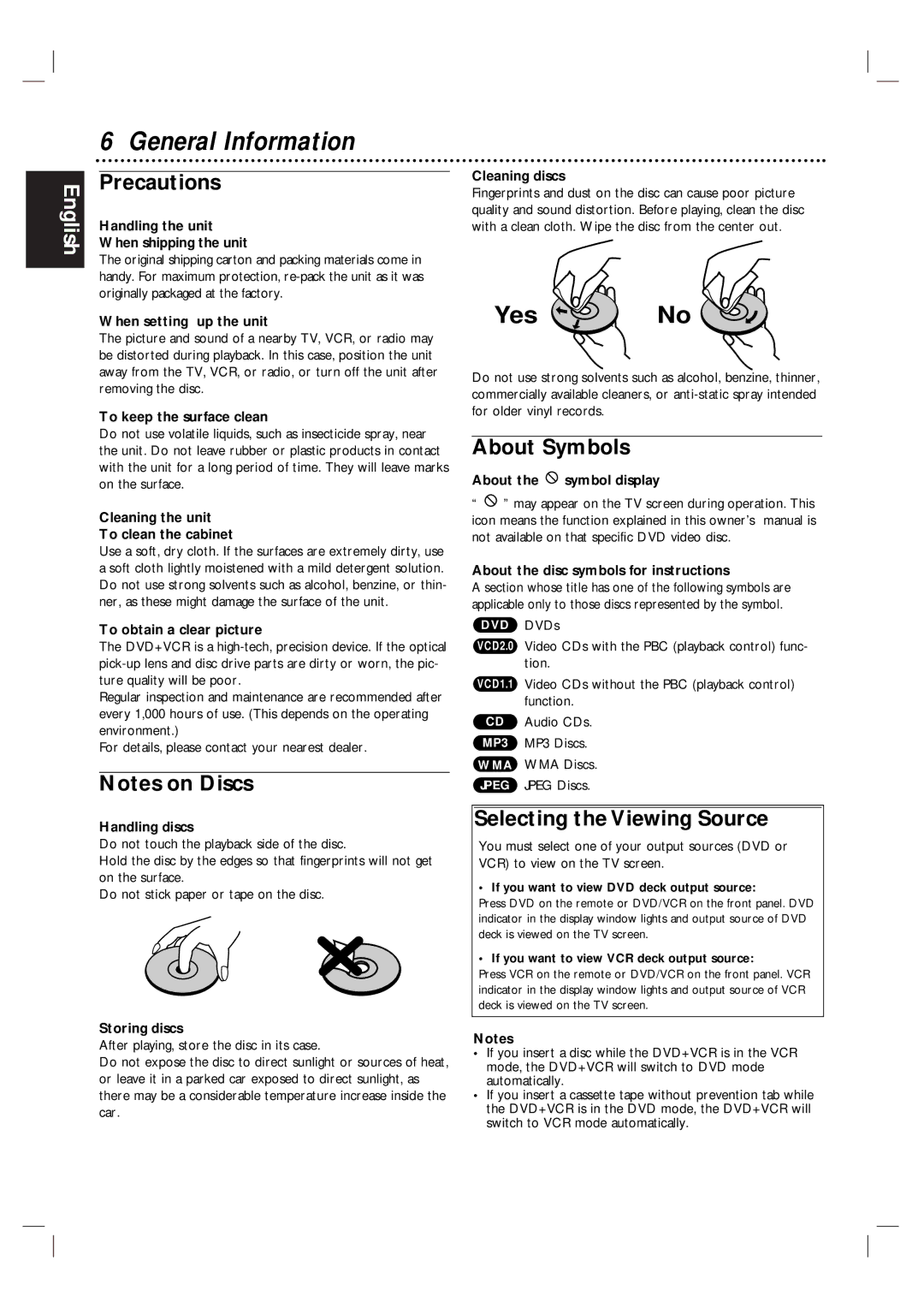 Magnavox MDV560VR/17 warranty Precautions, About Symbols, Selecting the Viewing Source 