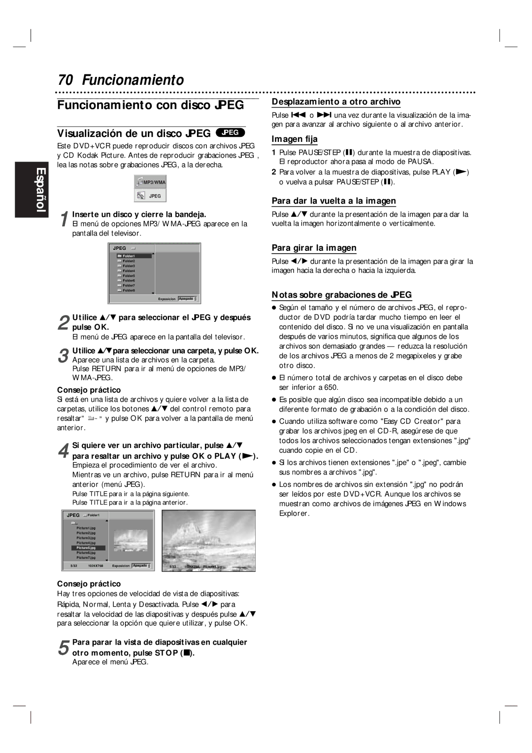 Magnavox MDV560VR/17 warranty Funcionamiento con disco Jpeg, Visualización de un disco Jpeg Jpeg 