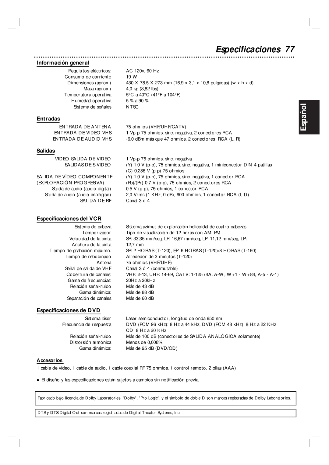 Magnavox MDV560VR/17 warranty Información general, Entradas, Salidas 