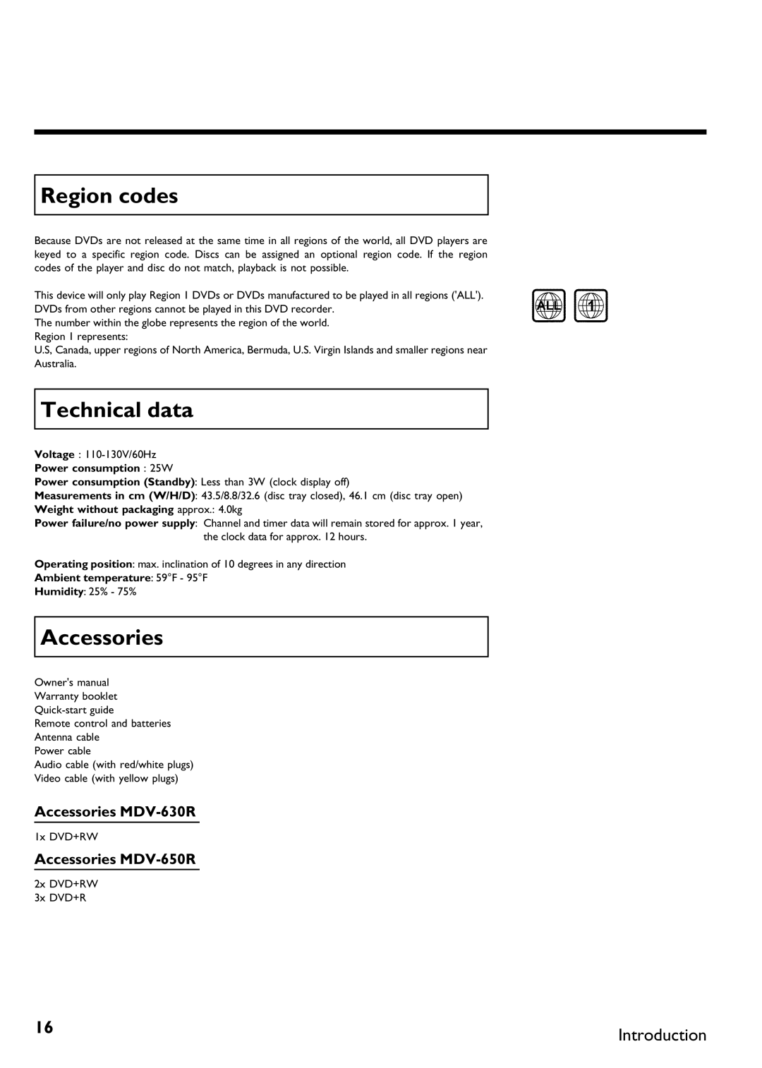 Magnavox MDV650R, MDV630R manual Region codes, Technical data, Accessories MDV 